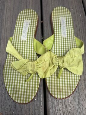 Olivia Rose Tal Lime Green Bow Gingham Slide Sandals